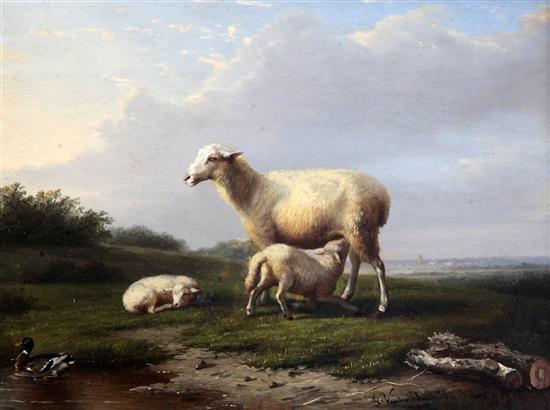 Eugene Verboeckhoven (1798-1881) Ewe and lambs in a meadow 7 x 9in.